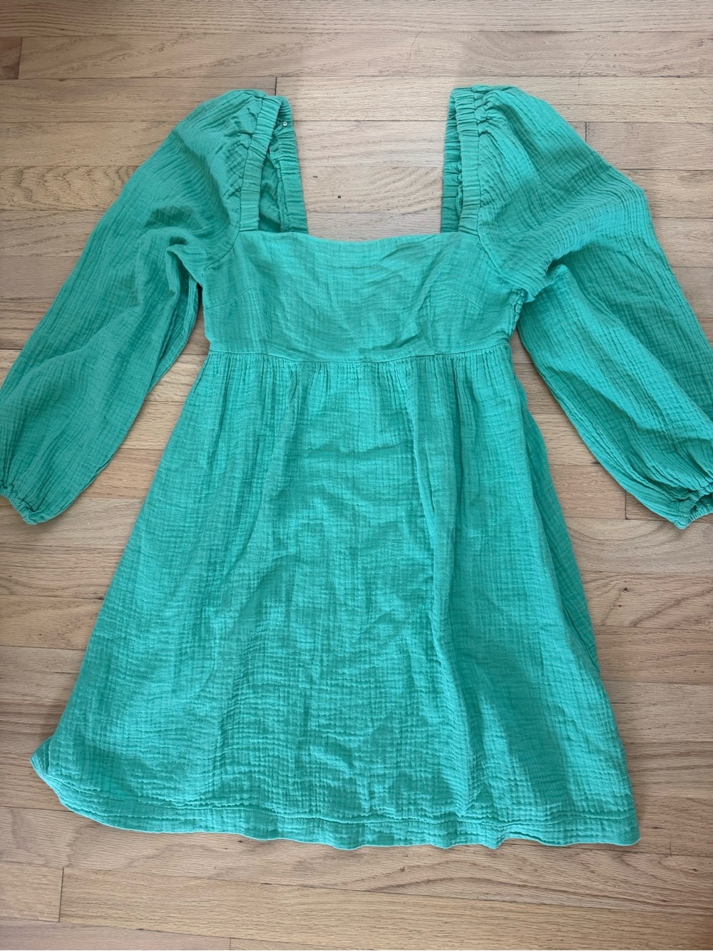 J Crew XS Green Square Neck Puff Sleeve Long Sleeve Dress 100% Cotton